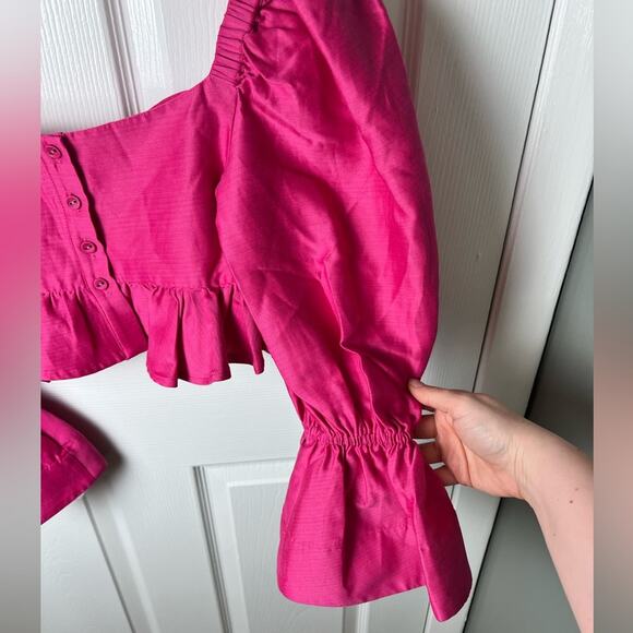 ALEMAIS Pink Ruffle Blouson 3/4 Sleeve Blaire Peplum Crop Top Fuchsia 2 - Picture 6 of 10